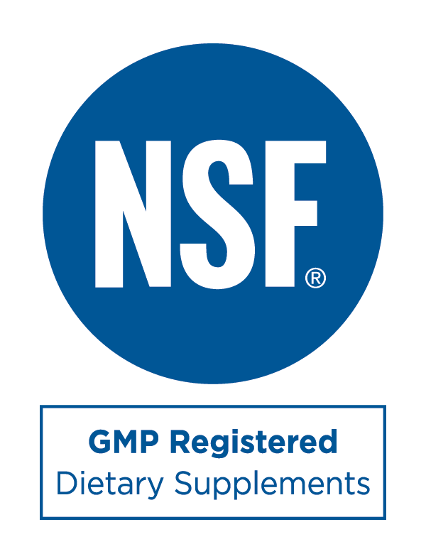 NSF Certified logo with text "GMP Registered Dietary Supplements"