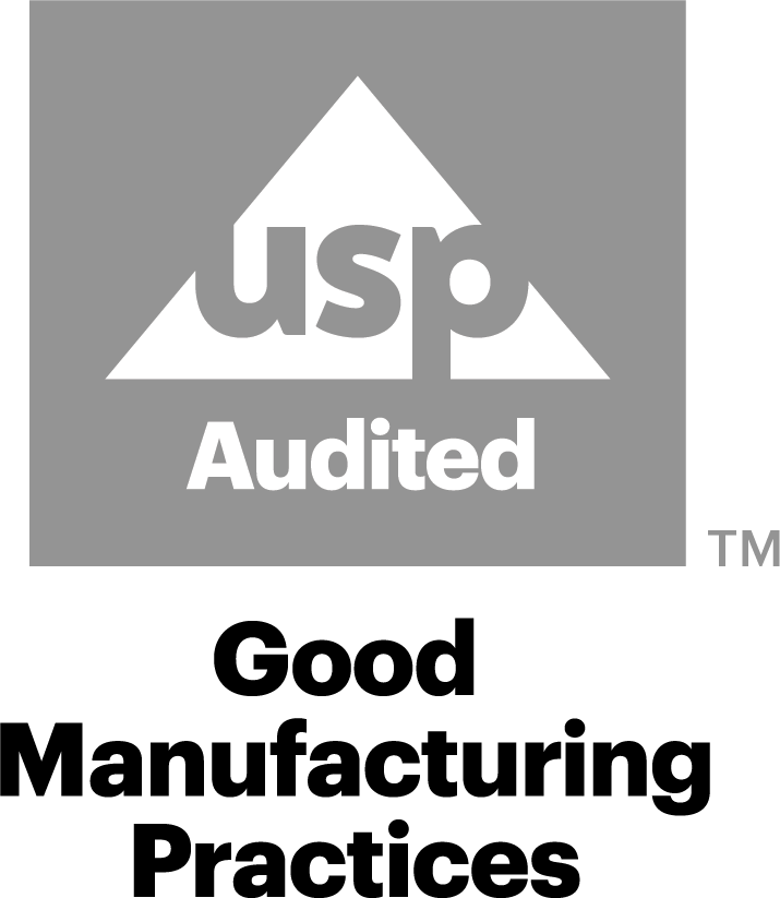 USP Audit GMP certification logo in gray on a transparent background.