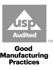 USP Audit GMP certification logo in gray on a transparent background. USP Audit GMP certification logo in gray on a transparent background.